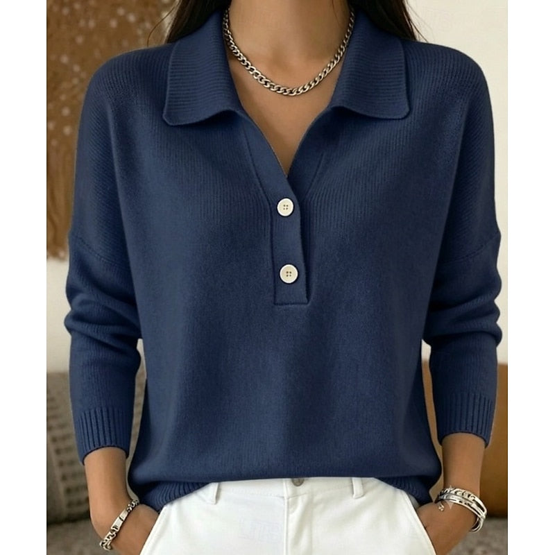 Elegante maglione donna collo polo, con bottoni. Vestibilità rilassata e morbida, perfetto per outfit casual autunno/inverno.
